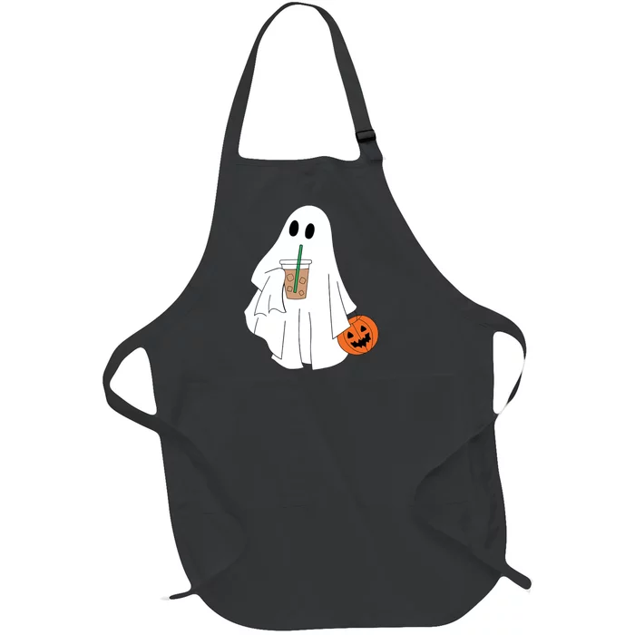 Cute Little Ghost Drinking Coffee Halloween Spooky Season Full-Length Apron With Pocket