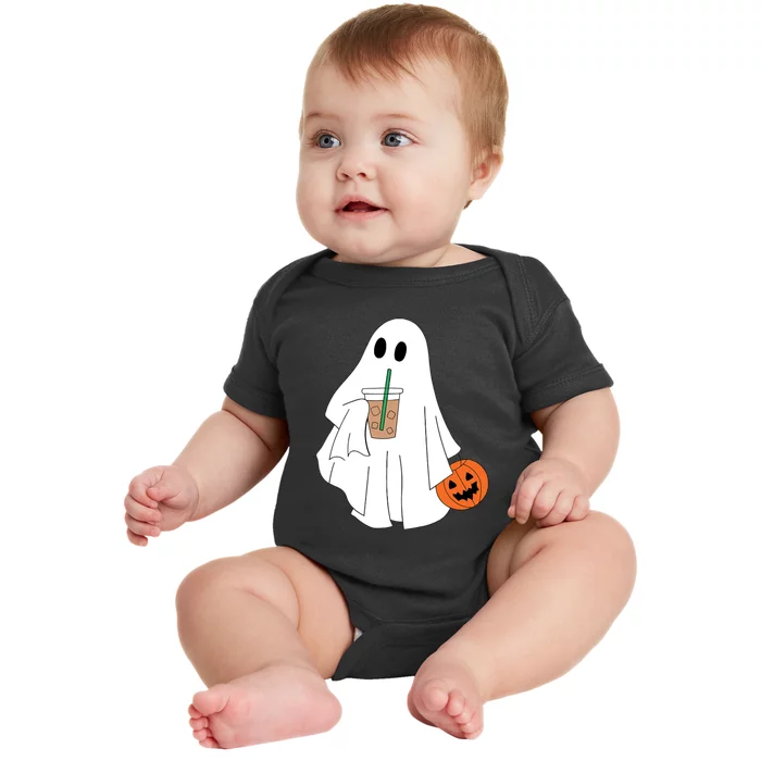 Cute Little Ghost Drinking Coffee Halloween Spooky Season Baby Bodysuit