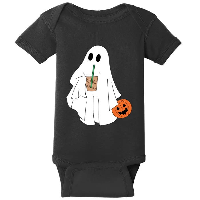 Cute Little Ghost Drinking Coffee Halloween Spooky Season Baby Bodysuit