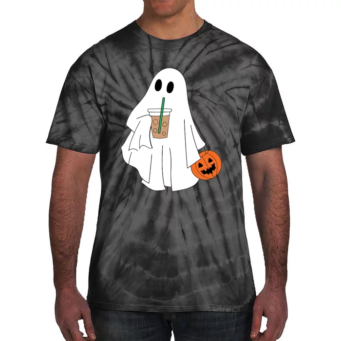 Cute Little Ghost Drinking Coffee Halloween Spooky Season Tie-Dye T-Shirt