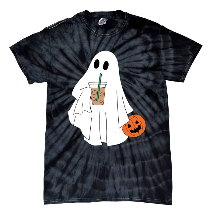 Cute Little Ghost Drinking Coffee Halloween Spooky Season Tie-Dye T-Shirt