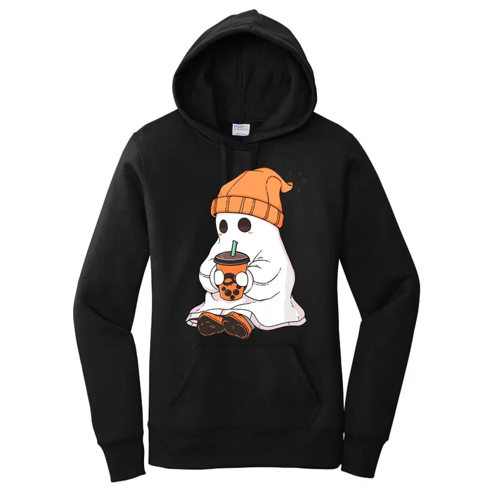 Cute Little Ghost Drinking Coffee Halloween Spooky Season Women's Pullover Hoodie