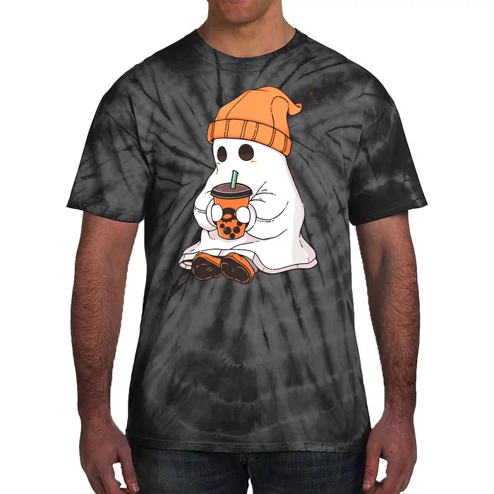 Cute Little Ghost Drinking Coffee Halloween Spooky Season Tie-Dye T-Shirt