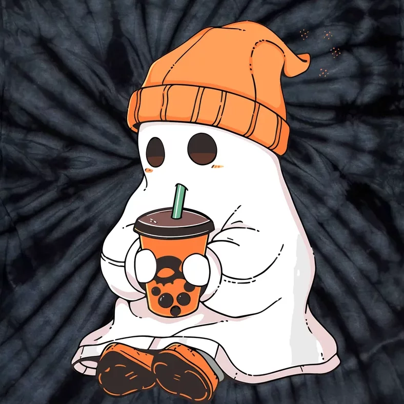 Cute Little Ghost Drinking Coffee Halloween Spooky Season Tie-Dye T-Shirt