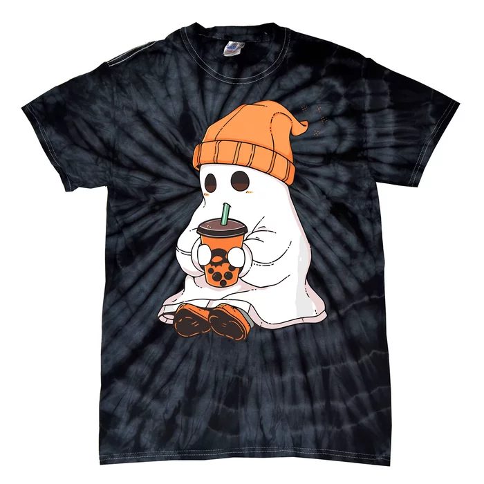 Cute Little Ghost Drinking Coffee Halloween Spooky Season Tie-Dye T-Shirt