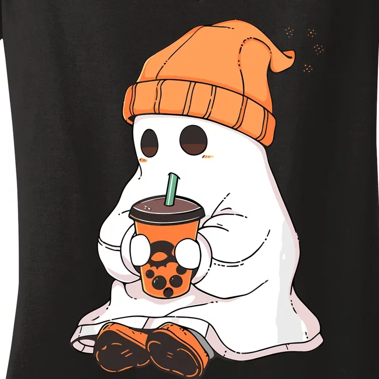 Cute Little Ghost Drinking Coffee Halloween Spooky Season Women's V-Neck T-Shirt