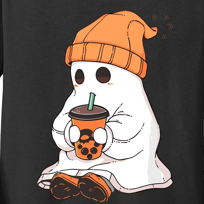 Cute Little Ghost Drinking Coffee Halloween Spooky Season Kids Long Sleeve Shirt