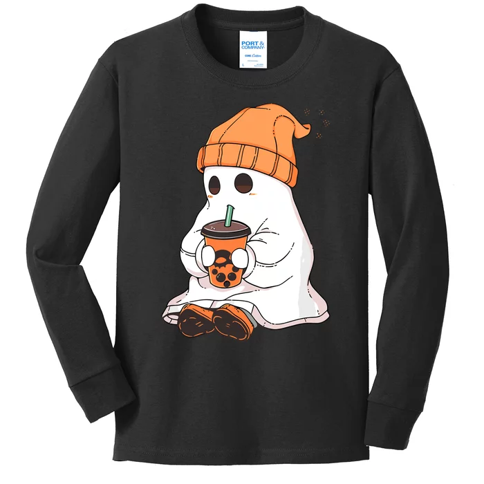 Cute Little Ghost Drinking Coffee Halloween Spooky Season Kids Long Sleeve Shirt