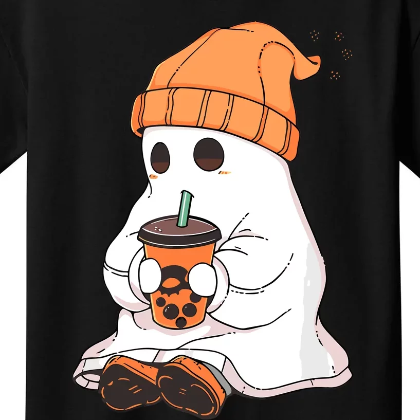 Cute Little Ghost Drinking Coffee Halloween Spooky Season Kids T-Shirt