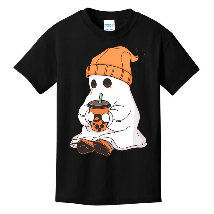 Cute Little Ghost Drinking Coffee Halloween Spooky Season Kids T-Shirt