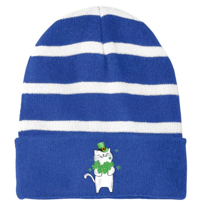 Cat Leprechaun Gift Cat Lover Shamrock Gift St Patrick's Day Gift Striped Beanie with Solid Band