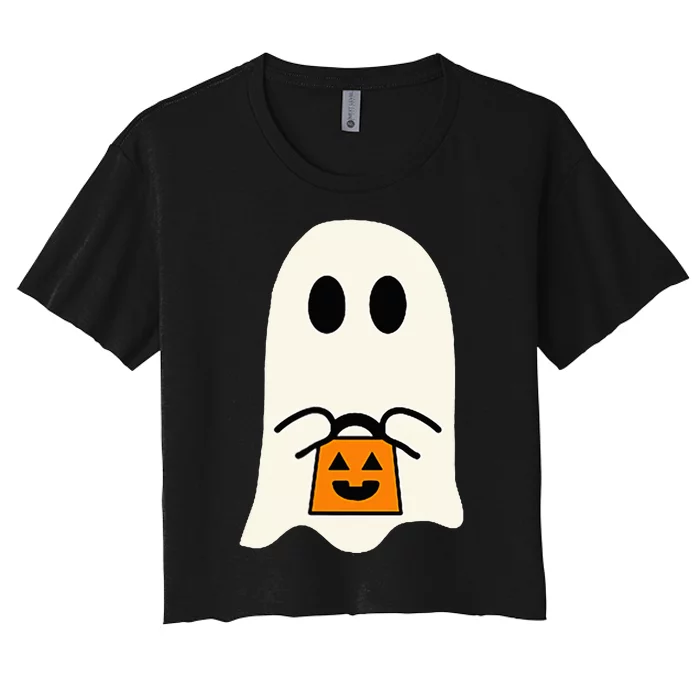 Cute Little Ghost Trick Or Treater Pumpkin Halloween Women's Crop Top Tee