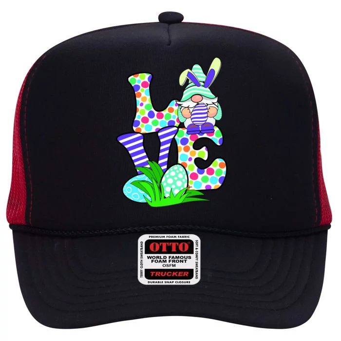 Cute Love Gnome Easter Egg Hunting Bunny High Crown Mesh Trucker Hat