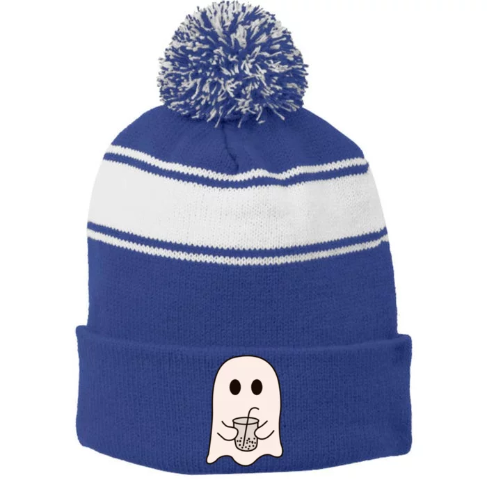 Cute Little Ghost Ice Coffee Halloween Costume Spooky Season Gift Stripe Pom Pom Beanie