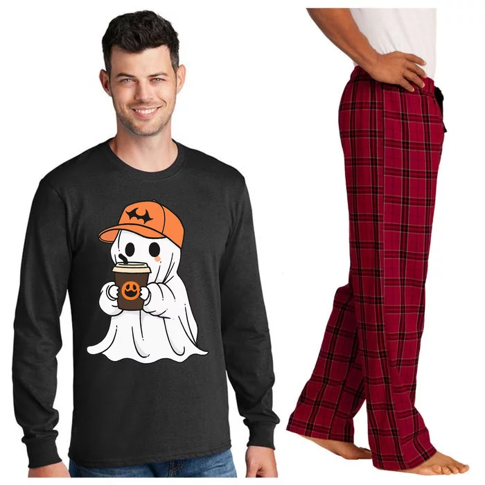 Cute Little Ghost Drinking Coffee Halloween Spooky Season Long Sleeve Pajama Set