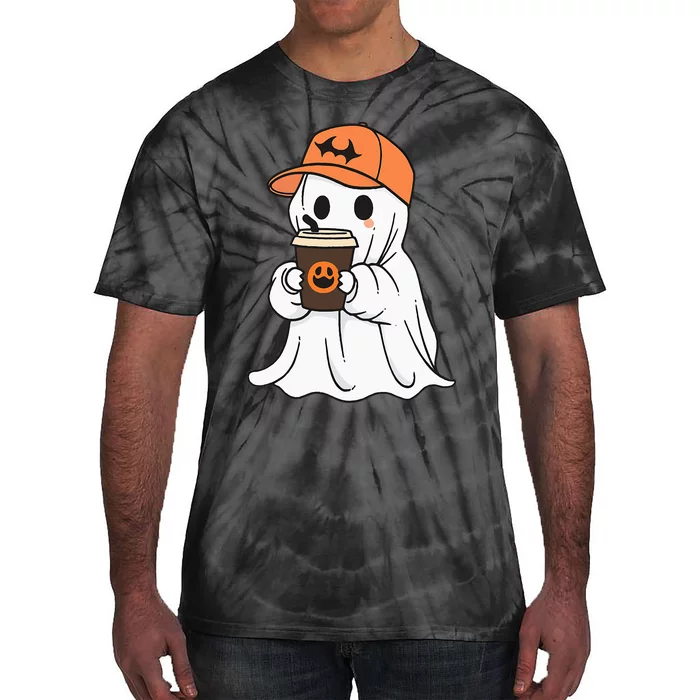 Cute Little Ghost Drinking Coffee Halloween Spooky Season Tie-Dye T-Shirt