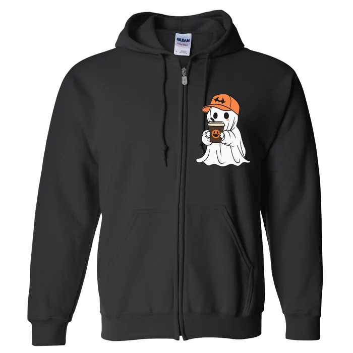 Cute Little Ghost Drinking Coffee Halloween Spooky Season Full Zip Hoodie