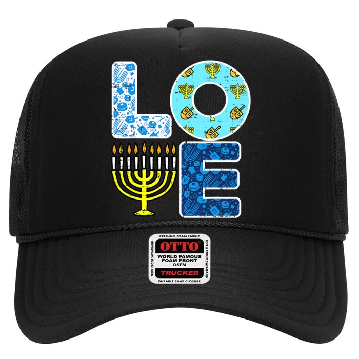 Cute LOVE Hanukkah Decorations Dreidel Menorah Chanukah High Crown Mesh Trucker Hat