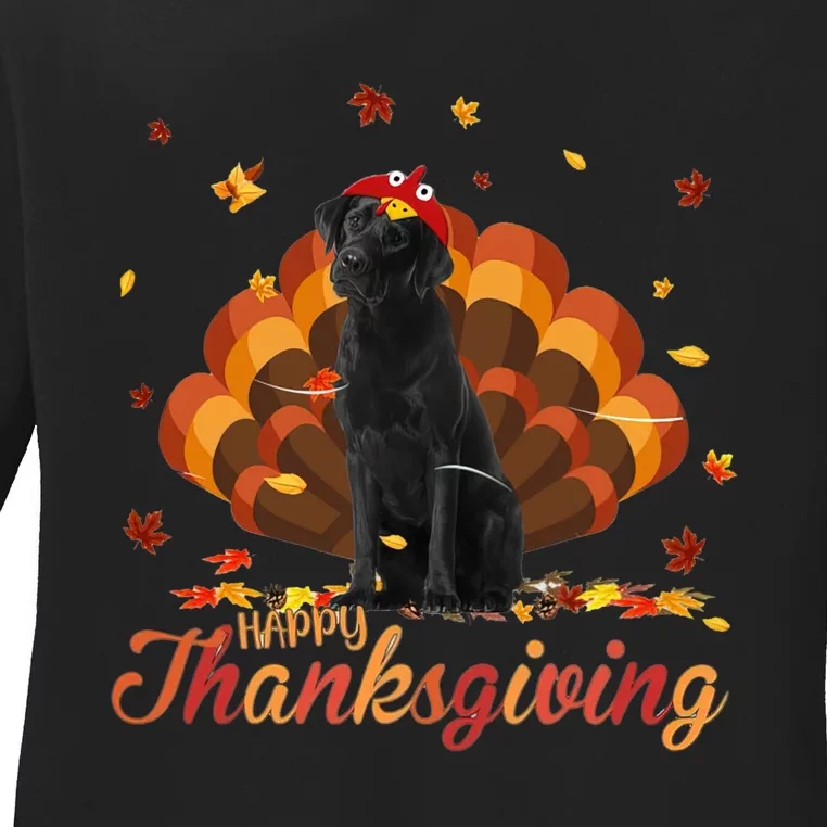 Cute Labrador Happy Thanksgiving Turkey Dog Crispy Leaf Ladies Long Sleeve Shirt