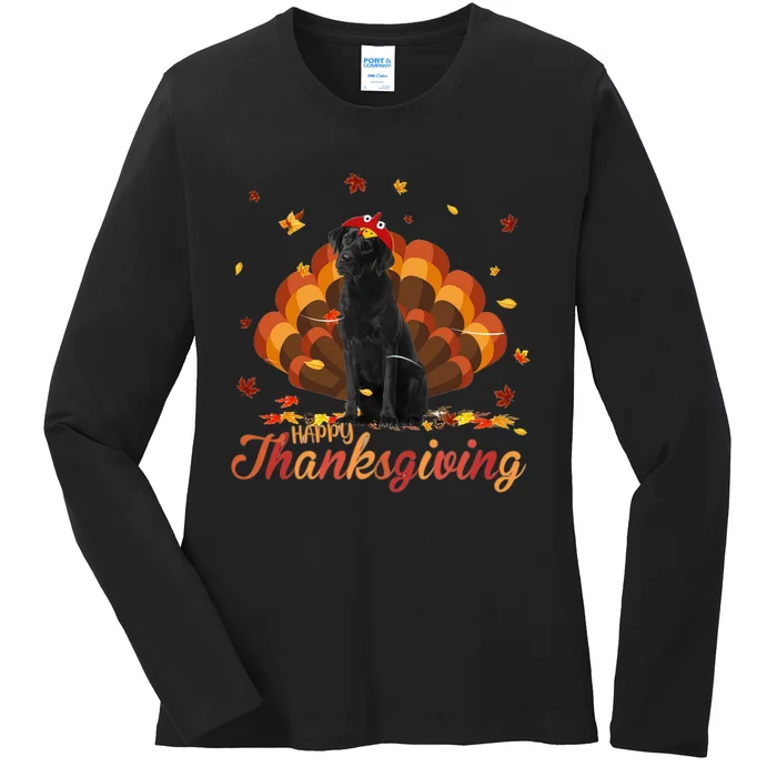 Cute Labrador Happy Thanksgiving Turkey Dog Crispy Leaf Ladies Long Sleeve Shirt