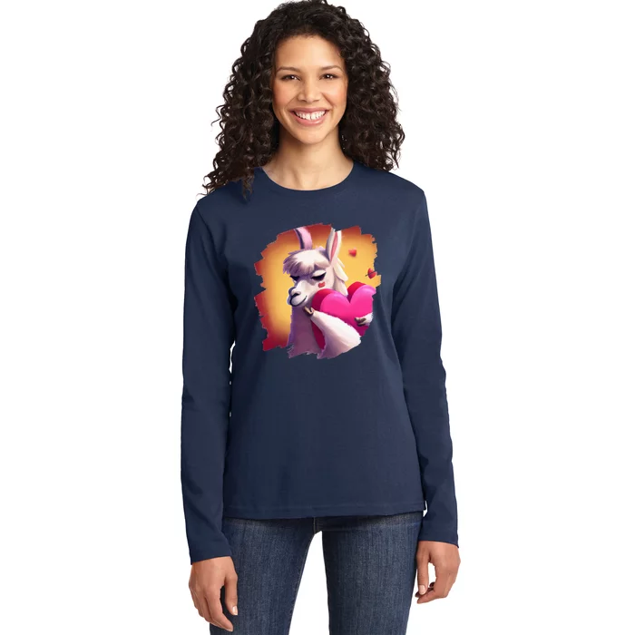 Cute Llama Hugging Heart Valentines Day Llamas Alpacas Ladies Long Sleeve Shirt