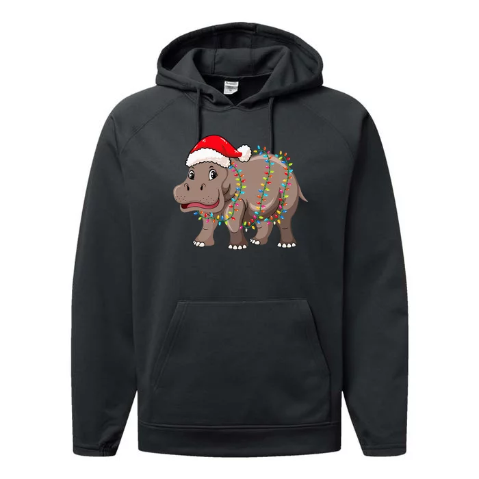 Christmas Lights Hippopotamus Xmas Hat Hippopotamus Lover Performance Fleece Hoodie