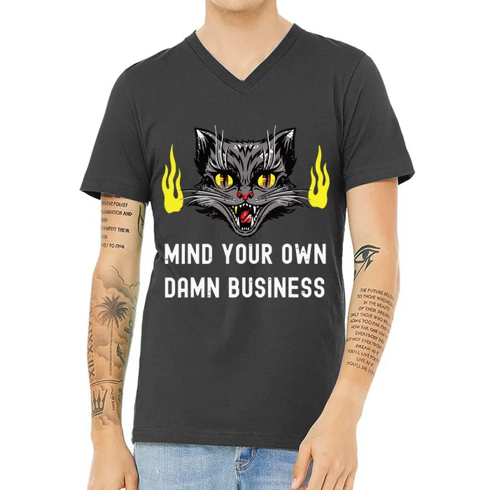 Cat Lady Harris Walz Waltz 2024 Mind Your Own Damn Business V-Neck T-Shirt