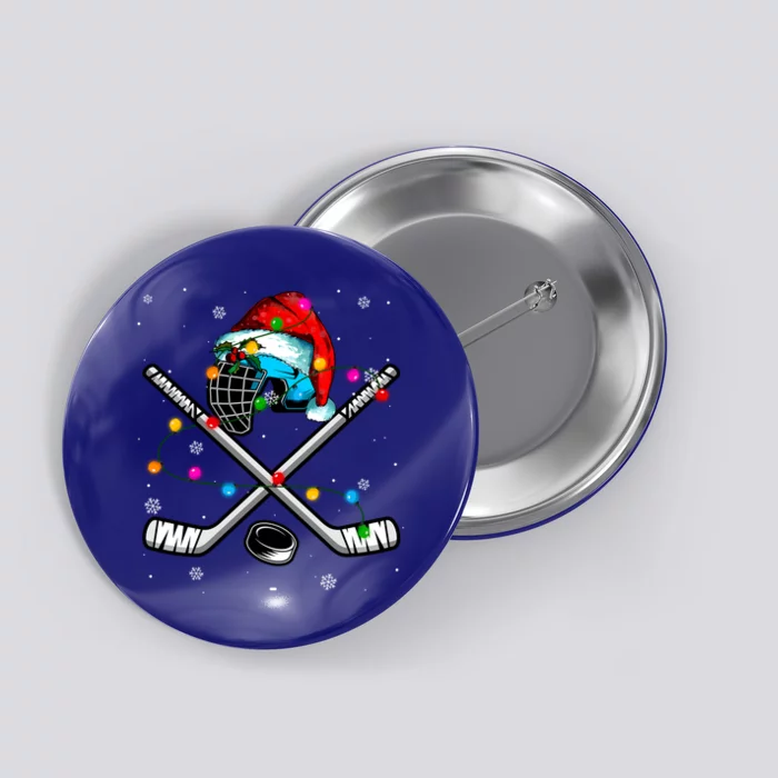 Christmas Lights Hockey Santa Hat Sport Hockey Lover Gift Button