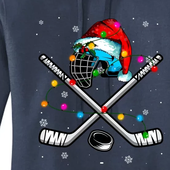 Christmas Lights Hockey Santa Hat Sport Hockey Lover Gift Women's Pullover Hoodie