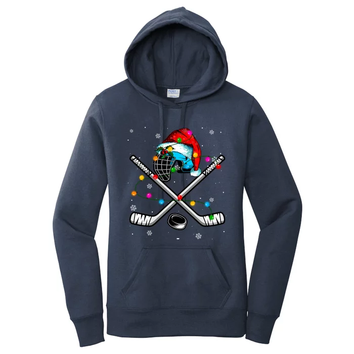 Christmas Lights Hockey Santa Hat Sport Hockey Lover Gift Women's Pullover Hoodie