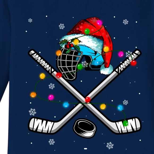 Christmas Lights Hockey Santa Hat Sport Hockey Lover Gift Baby Long Sleeve Bodysuit