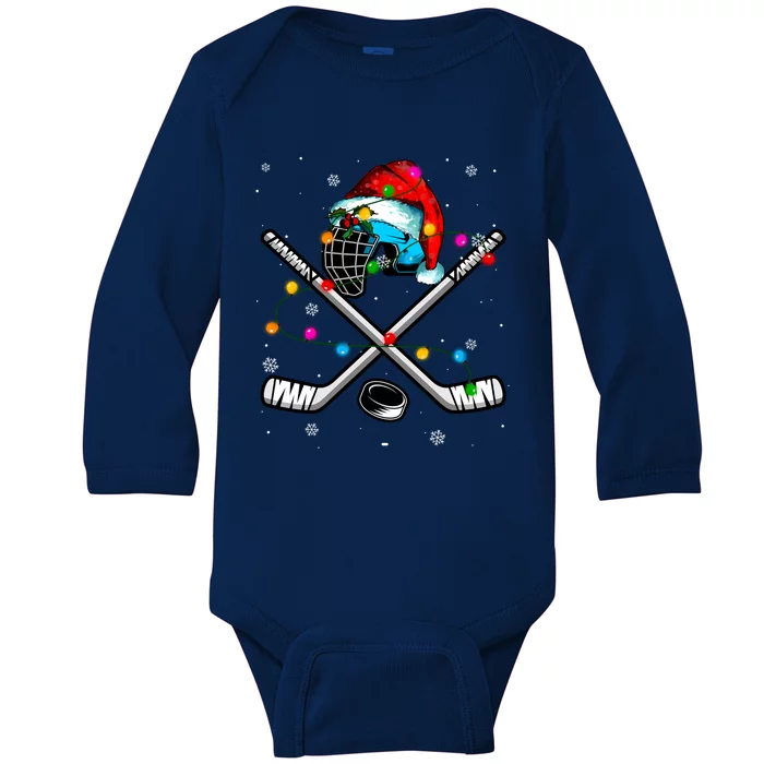 Christmas Lights Hockey Santa Hat Sport Hockey Lover Gift Baby Long Sleeve Bodysuit