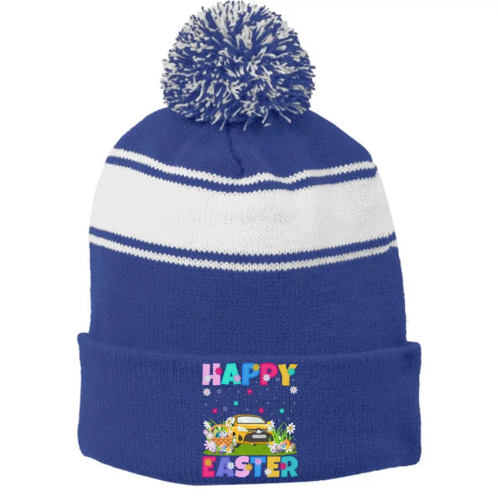 Car Lover Happy Easter Bunny Car Easter Sunday Gift Stripe Pom Pom Beanie