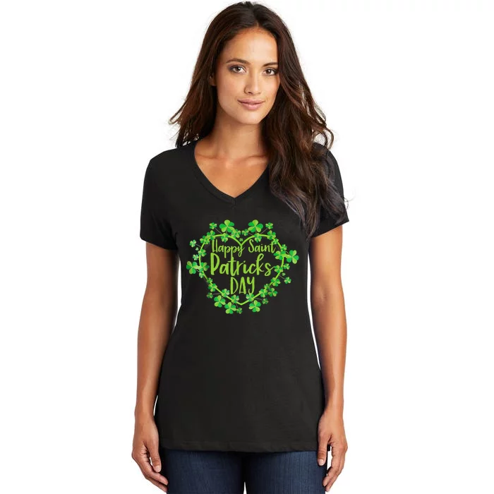 Cute Lucky Heart Shamrock Happy St Patricks Day Family Heart Women's V-Neck T-Shirt