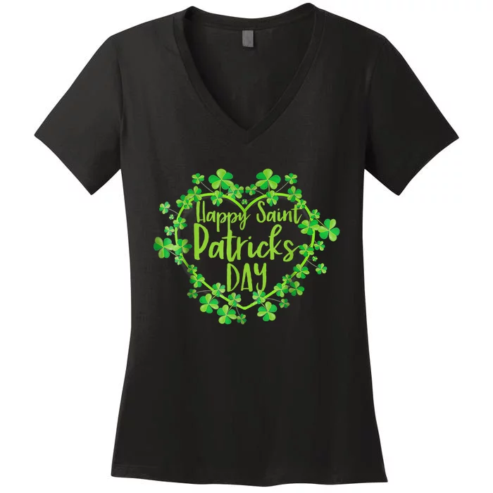 Cute Lucky Heart Shamrock Happy St Patricks Day Family Heart Women's V-Neck T-Shirt