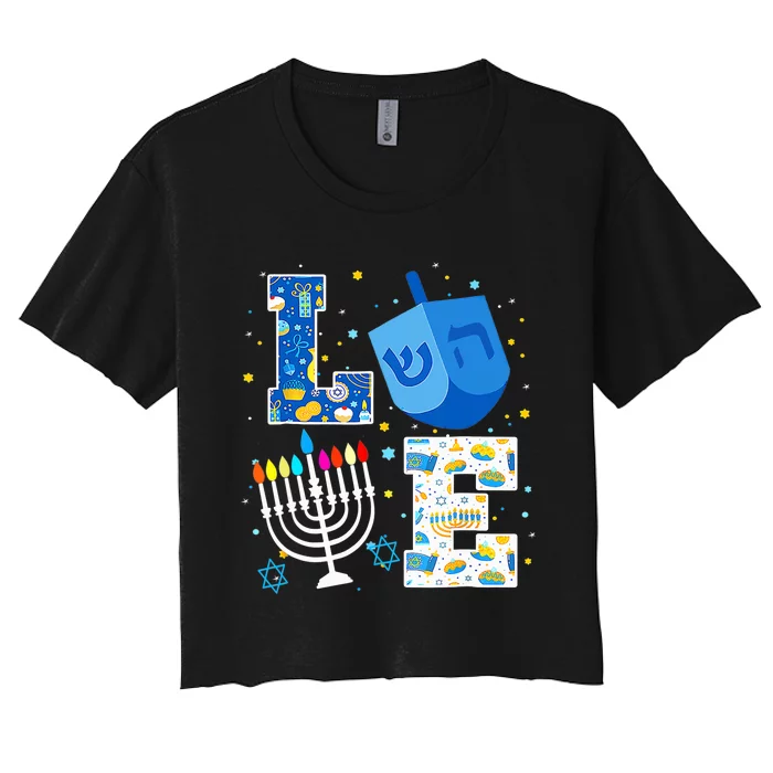 Cute LOVE Hanukkah Decorations Dreidel Menorah Chanukah Women's Crop Top Tee