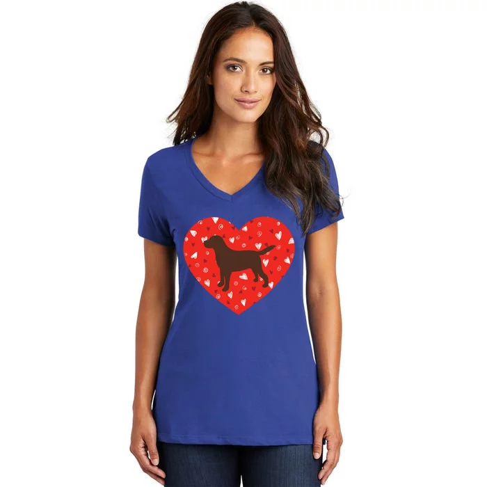 Chocolate Lab Heart Valentine's Day Labrador Dog Lover Cool Gift Women's V-Neck T-Shirt