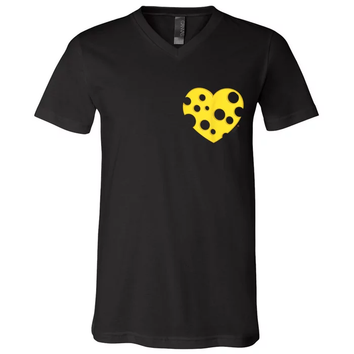 Cheese Love Heart Pocket. Holey Cheese V-Neck T-Shirt