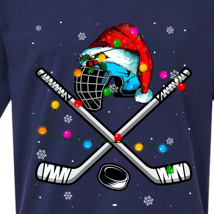 Christmas Lights Hockey Santa Hat Sport Hockey Lover Gift Sueded Cloud Jersey T-Shirt