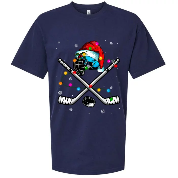 Christmas Lights Hockey Santa Hat Sport Hockey Lover Gift Sueded Cloud Jersey T-Shirt