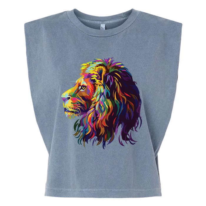 Colorful Lion Head Design Pop Art Style Garment-Dyed Women's Muscle Tee