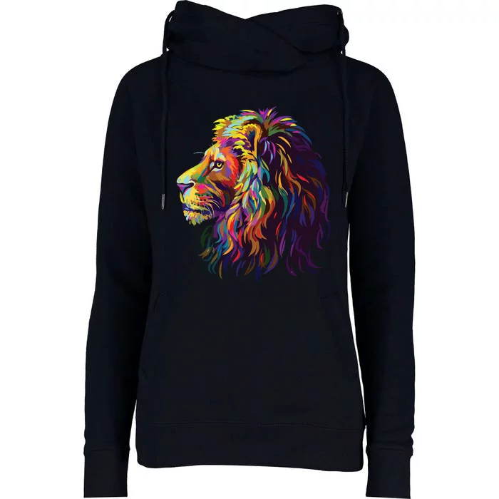 Colorful Lion Head Design Pop Art Style Womens Funnel Neck Pullover Hood