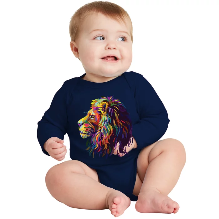 Colorful Lion Head Design Pop Art Style Baby Long Sleeve Bodysuit