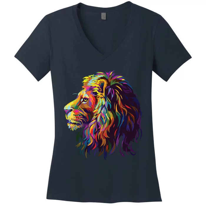 Colorful Lion Head Design Pop Art Style Women's V-Neck T-Shirt