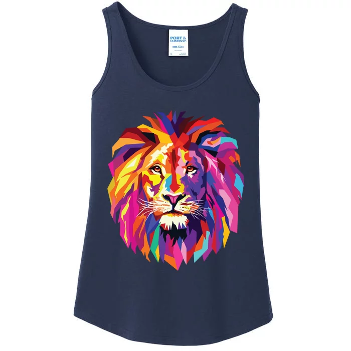 Cool Lion Head Design With Bright Colorful Ladies Essential Tank