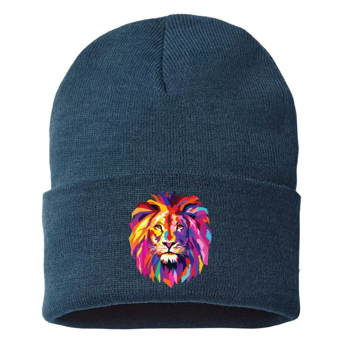 Cool Lion Head Design With Bright Colorful Sustainable Knit Beanie