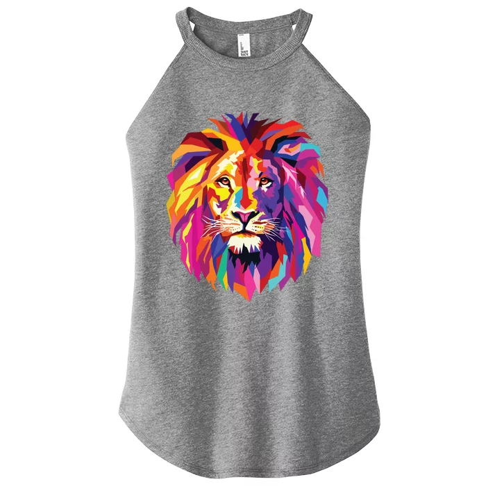 Cool Lion Head Design With Bright Colorful Women’s Perfect Tri Rocker Tank