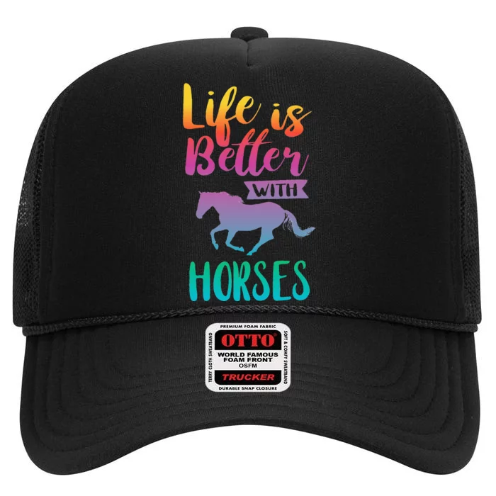 Cute Life Is Better With Horses Horseback Riding High Crown Mesh Trucker Hat