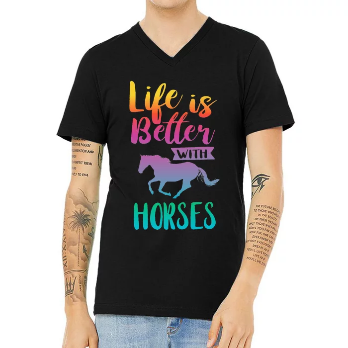 Cute Life Is Better With Horses Horseback Riding V-Neck T-Shirt