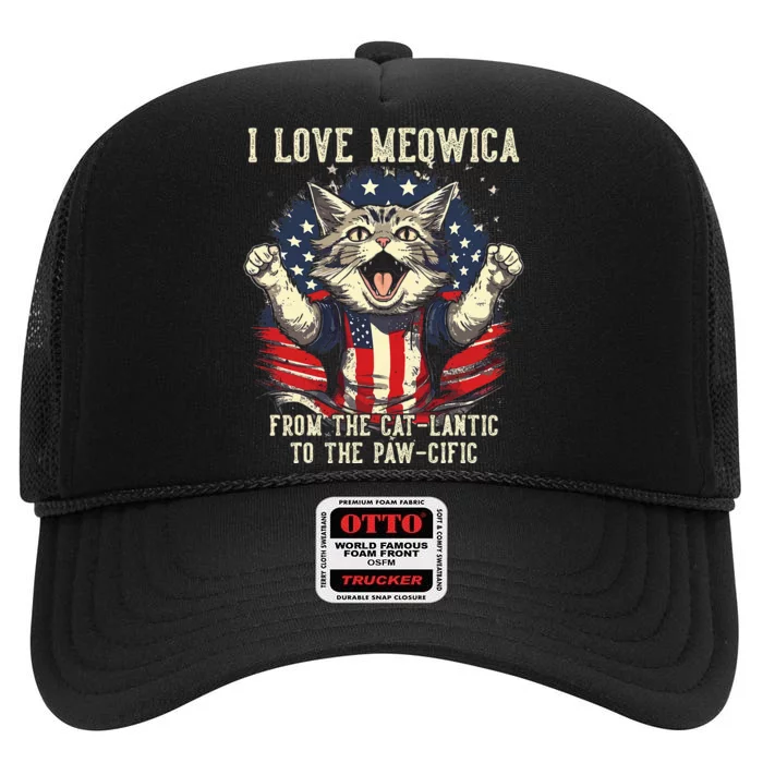 Cat Lover I Love Meowica Patriotic Funny Happy Cat High Crown Mesh Trucker Hat